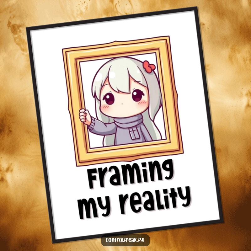 Funny poster of a character straightening a picture frame, capturing the essence of attention to detail with humor.