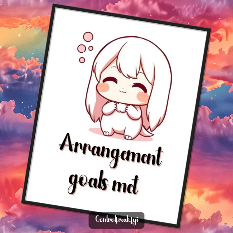 Funny poster of a character sighing with satisfaction at a perfect arrangement, capturing serene accomplishment and humor.