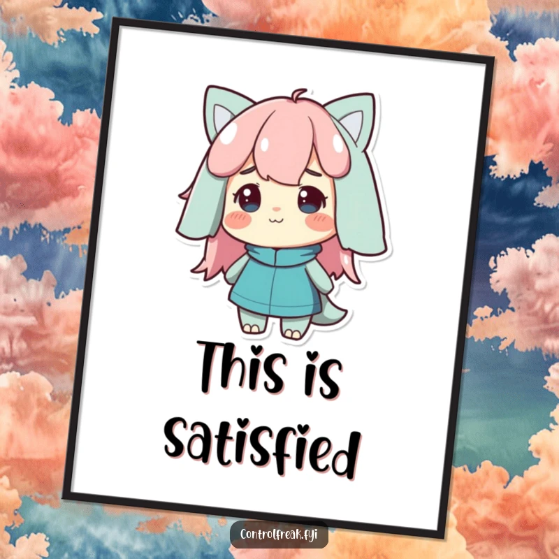 Funny Poster showing a character with a contented nod, appreciating a beautifully ordered scene, conveying peace.