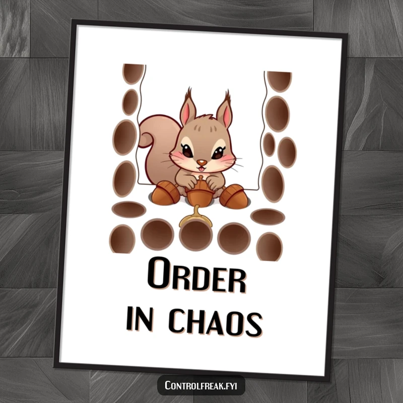 Funny poster depicting a squirrel character's comical, precise efforts to place acorns into uniform holes, evoking dedication and amusement.