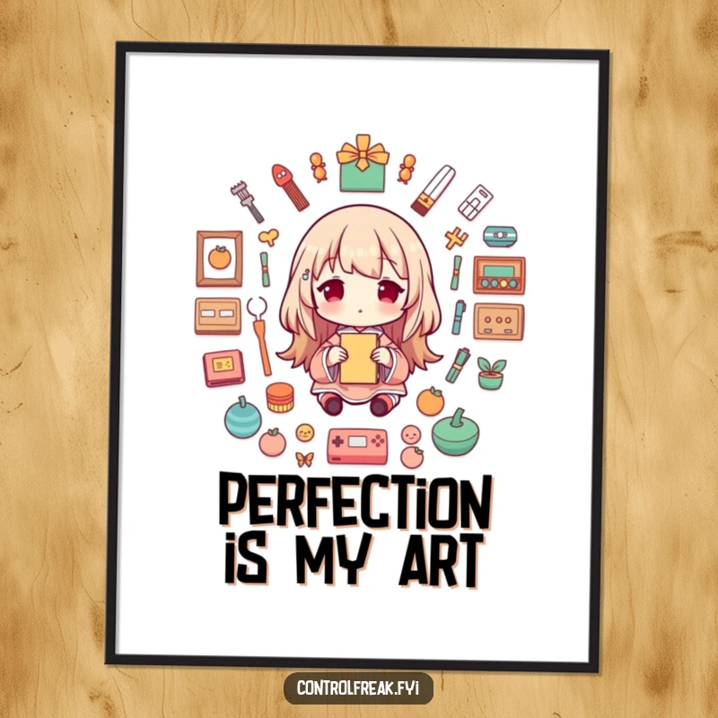 Funny Poster depicting a character meticulously arranging items with playful precision to achieve perfect symmetry, bringing joy.