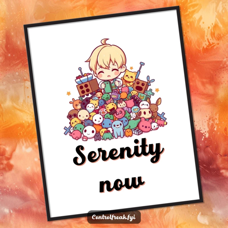 Funny poster art of a character tidying a chaotic pile of toys into perfect order, symbolizing peace and neatness.