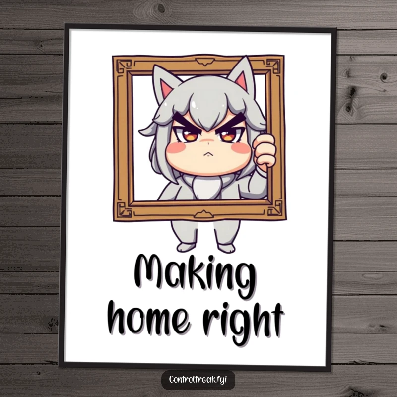 Funny poster of a character with a stern but playful expression, fixing a tilted picture frame, adding humorous home decor to any wall, a great gift.