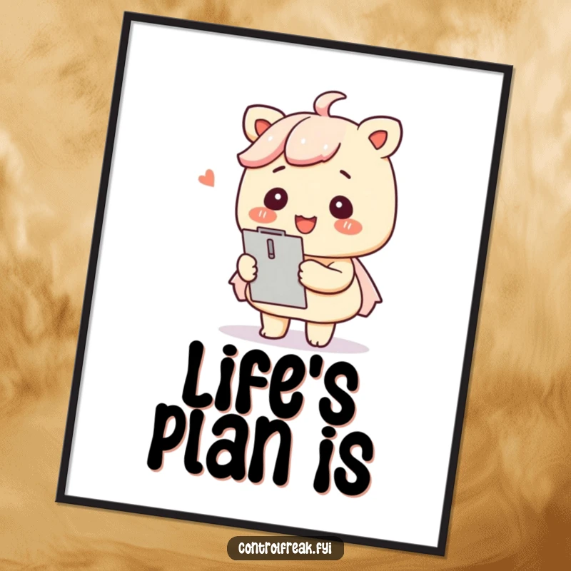 Funny Kawaii organizer poster artfully depicting a smiling character with a clipboard, arranging items neatly.