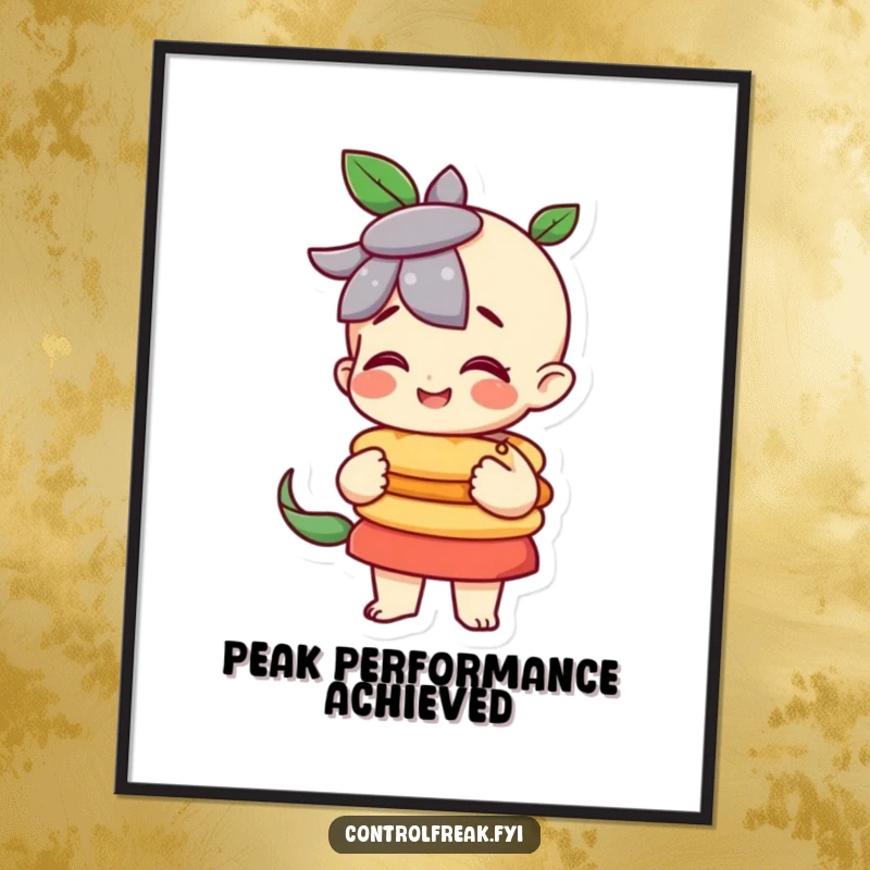 Funny character pleased with a perfectly balanced stack on this poster, a satisfying and humorous display.