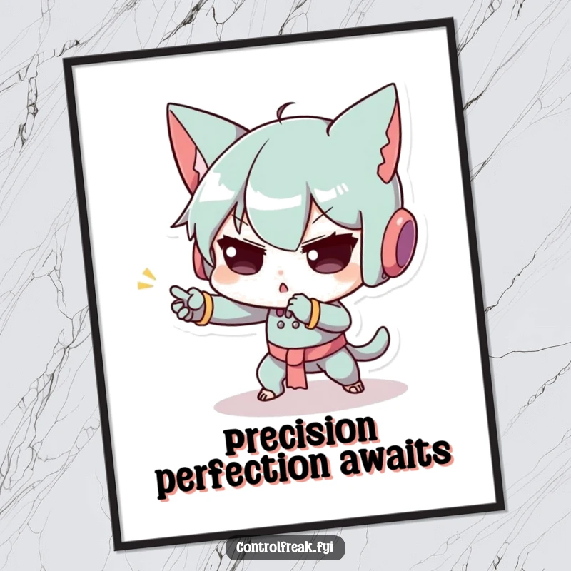 Funny art poster showing a character with exaggerated concentration, making a minuscule, precise movement, a humorous visual representation of dedication.