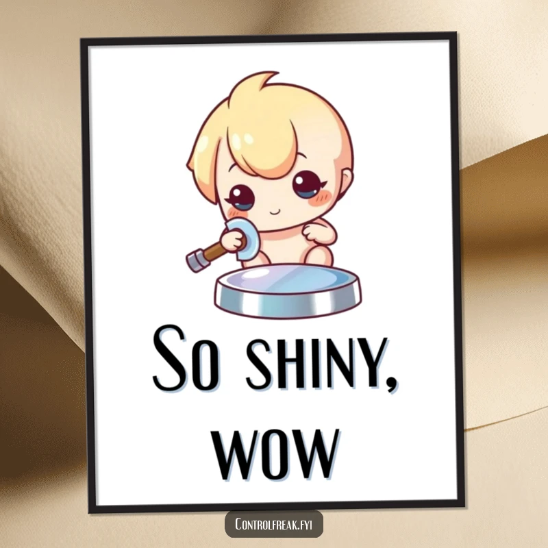 Funny Kawaii character poster art, meticulously polishing a shiny object to a brilliant sheen, inspiring decor.