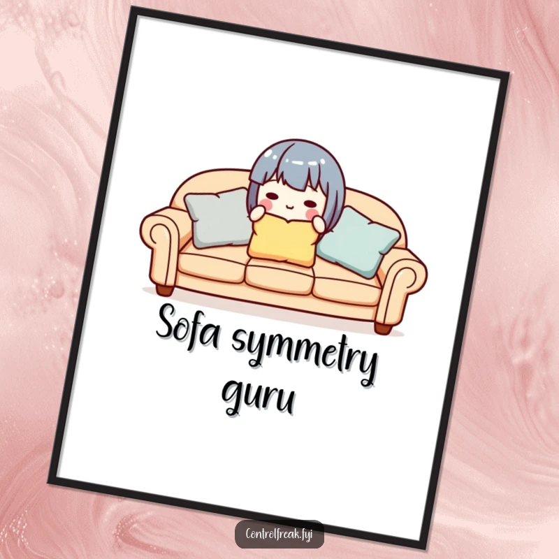 Funny cute character meticulously aligning sofa pillows, displayed as a charming wall art print.