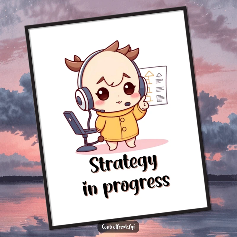 Funny poster of a character in an oversized headset, deterministically pointing at a complex flowchart, symbolizing strategic planning and focus.