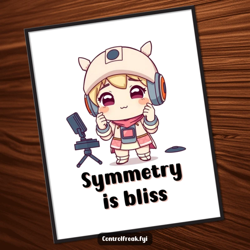 Funny poster showcasing a character with a satisfied smirk, meticulously adjusting perfectly aligned items, ideal for humorous organizational decor.