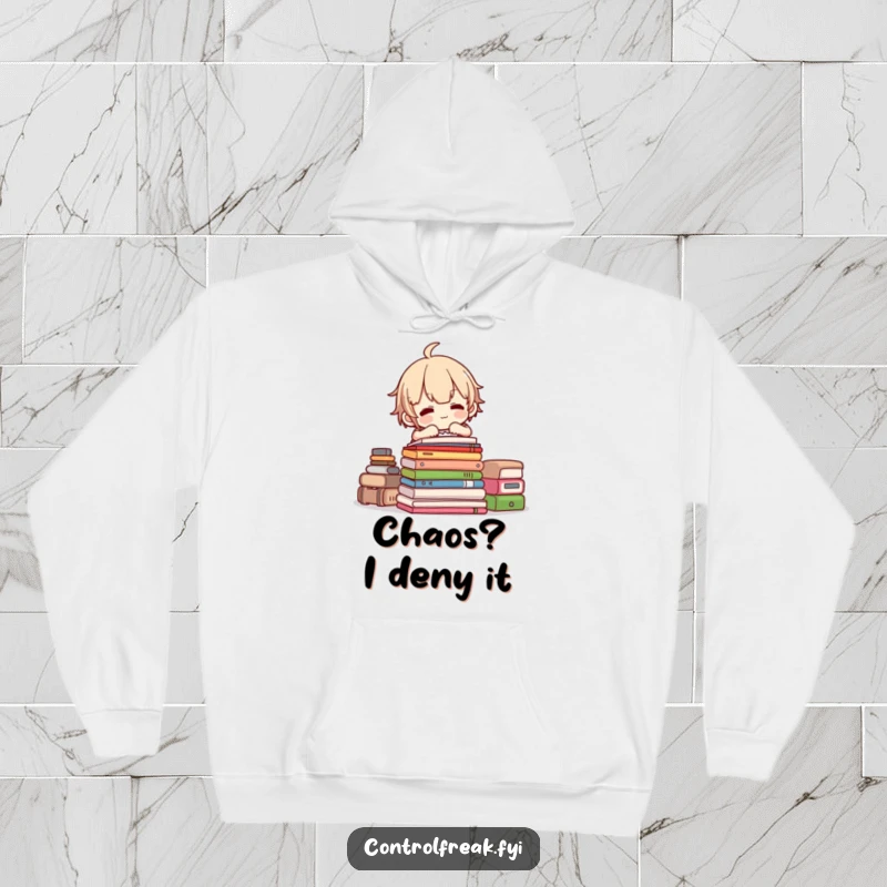 Funny hoodie featuring a character stacking items neatly, symbolizing order and satisfaction, a humorous and comfy gift idea.