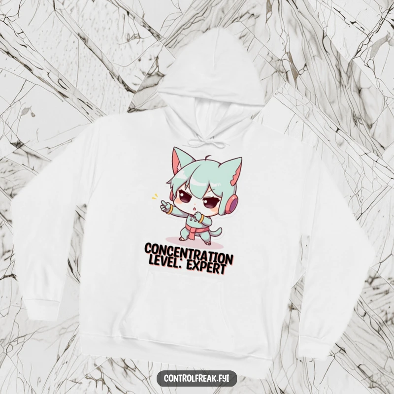 Funny hoodie depicting a character with extreme concentration, performing a small, exact action with epic focus, a cozy and humorous apparel item.