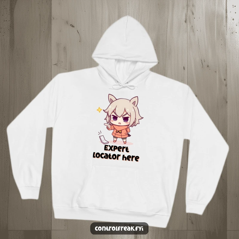 Funny hoodie featuring a character dramatically pointing at a misplaced item with an air of supreme importance, comically highlighting the situation.