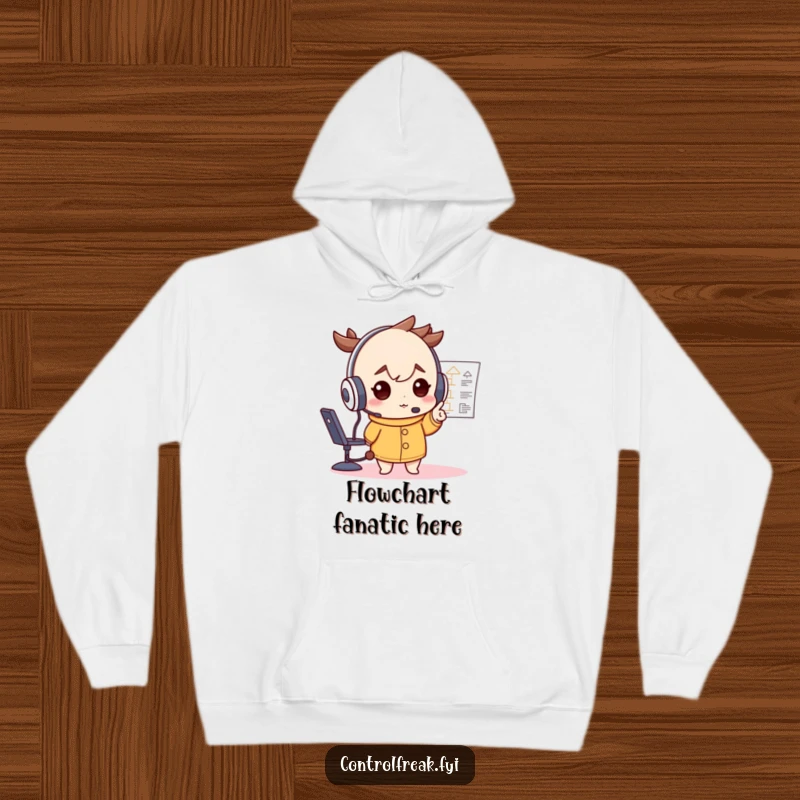 Funny hoodie showing a character in an oversized headset, deterministically pointing at a flowchart, perfect for strategic thinkers and planners.