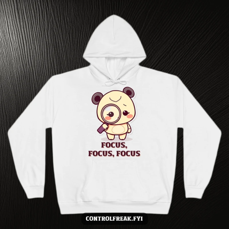 Funny Hoodie showing a tiny character with a magnifying glass, obsessively pointing at a solitary dot, symbolizing deep scrutiny.