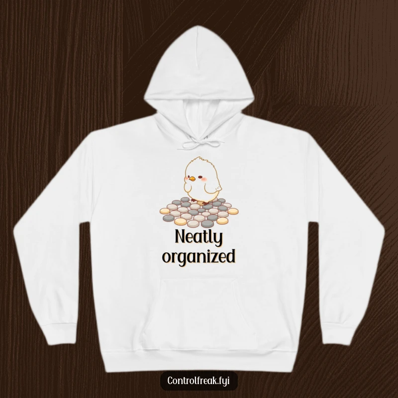 Funny Hoodie: A small, fluffy bird carefully places pebbles to form perfect geometric patterns, looking focused.