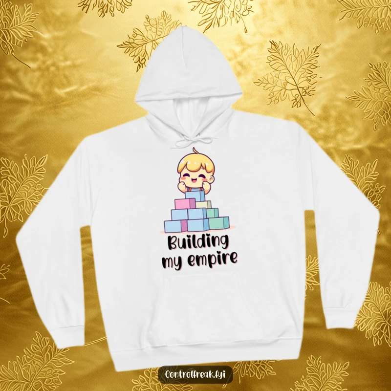 Funny hoodie showing an excited character perfectly stacking blocks, offering cozy comfort and a celebration of organization.