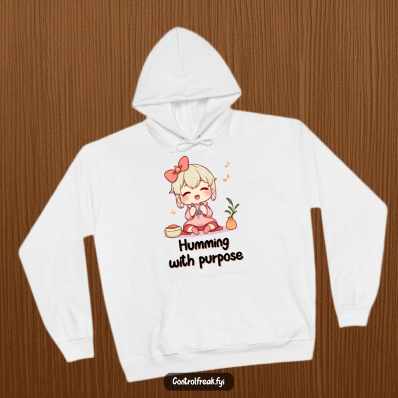 Funny hoodie depicting a character humming contentedly while tidying, radiating peace and satisfaction. Warm, cozy, and humorously organized.
