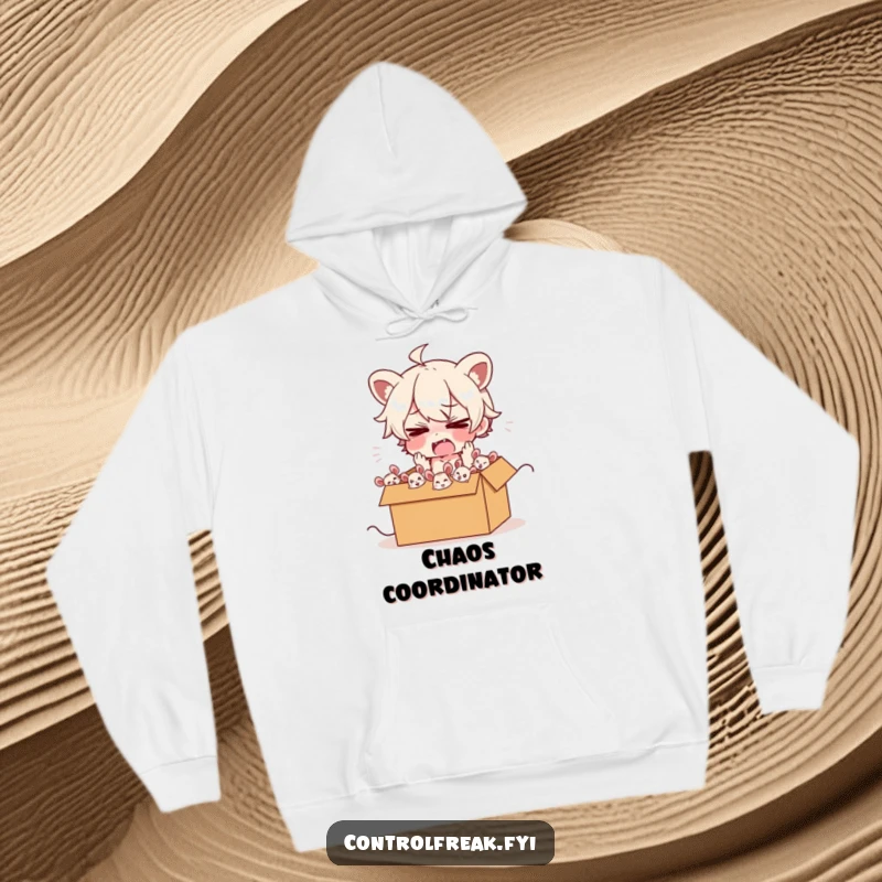 Funny hoodie showing a frazzled character attempting to herd energetic cartoon mice into a box, perfect for embracing playful chaos.