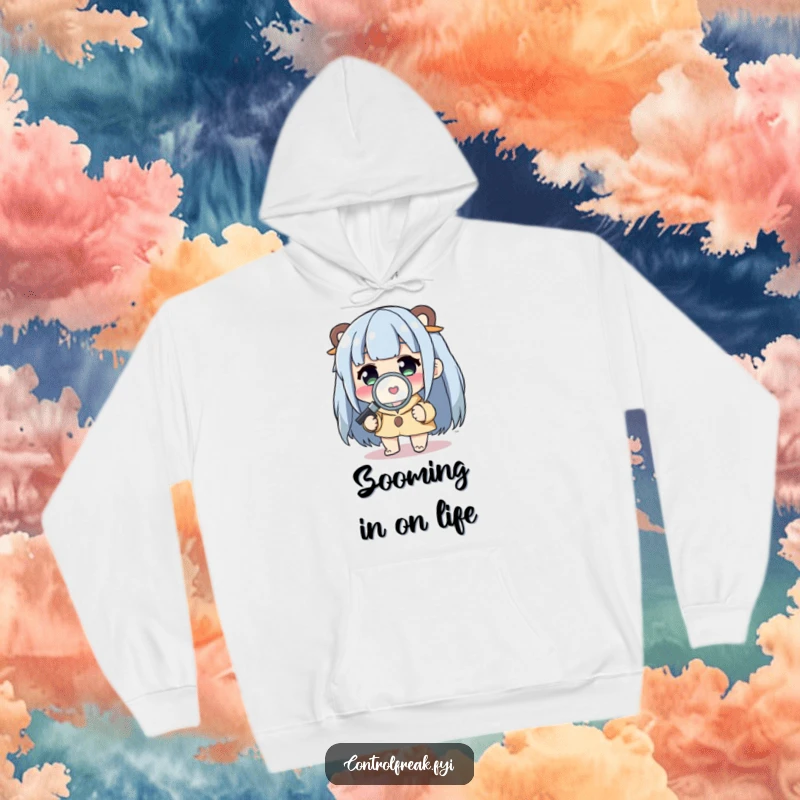 Funny Hoodie: Character closely examining a tiny detail with a magnifying glass, radiating focused and humorous energy.