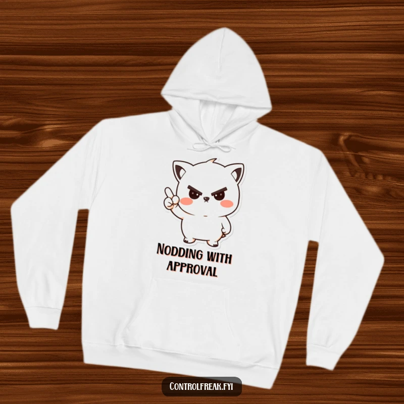 Funny, warm hoodie featuring a kawaii character giving a stern but friendly nod, perfect for expressing approval or understanding.