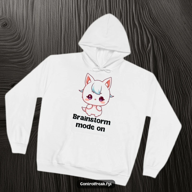 Funny Kawaii character hoodie, focused gaze on a detailed blueprint, cozy and thoughtful.