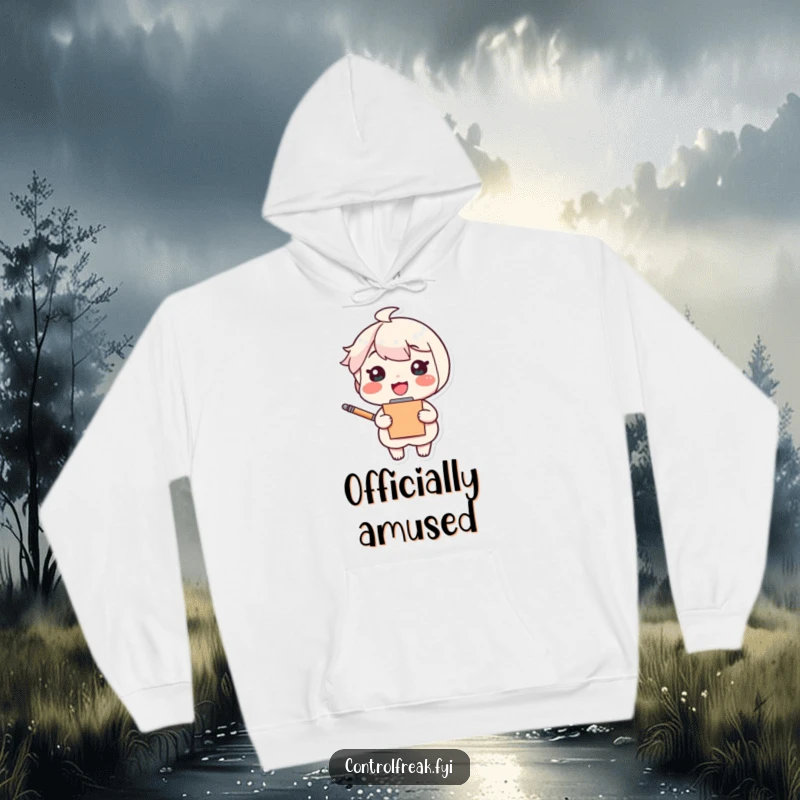 Funny hoodie featuring a cheerful character with a clipboard and pen, looking extremely pleased with their organized tasks and life.