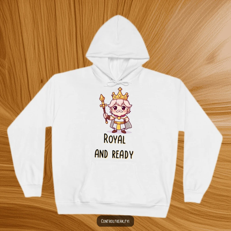Funny hoodie featuring a character with a tiny crown and scepter, striking a proud, regal pose, offering warmth and humorous royalty.