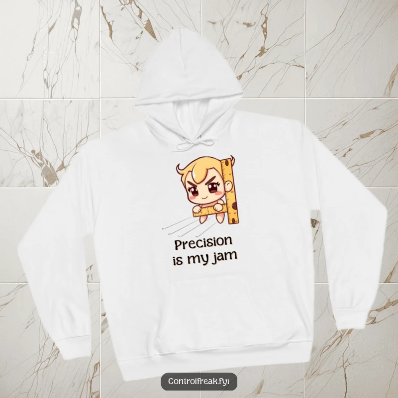 Funny Hoodie: Character engrossed in measuring imaginary lines with a ruler, smiling mischievously. Cozy and funny gift.
