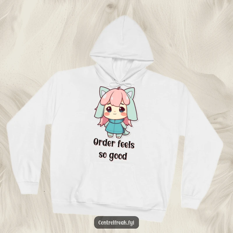 Funny Hoodie depicting a character with a pleased nod, admiring a well-organized and orderly environment with a smile.