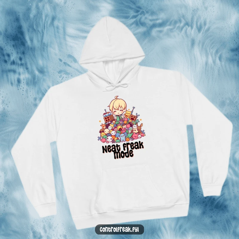 Funny hoodie featuring a character tidying a chaotic pile of toys into perfect order, symbolizing comfort and cleanliness.