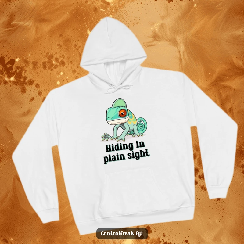 Funny chameleon hoodie depicting a chameleon comically failing to match its skin colors to a rigid, pre-set pattern.