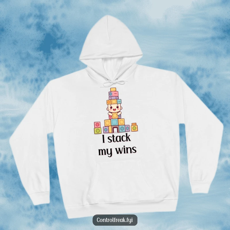 Funny hoodie featuring a happy character building a perfectly symmetrical tower of blocks, offering comfort and a humorous theme.