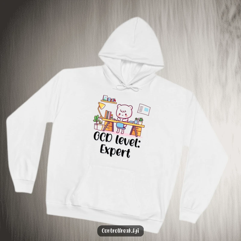 Funny Kawaii character hoodie, perfectly tidying a spotless desk, a cozy and humorous gift.