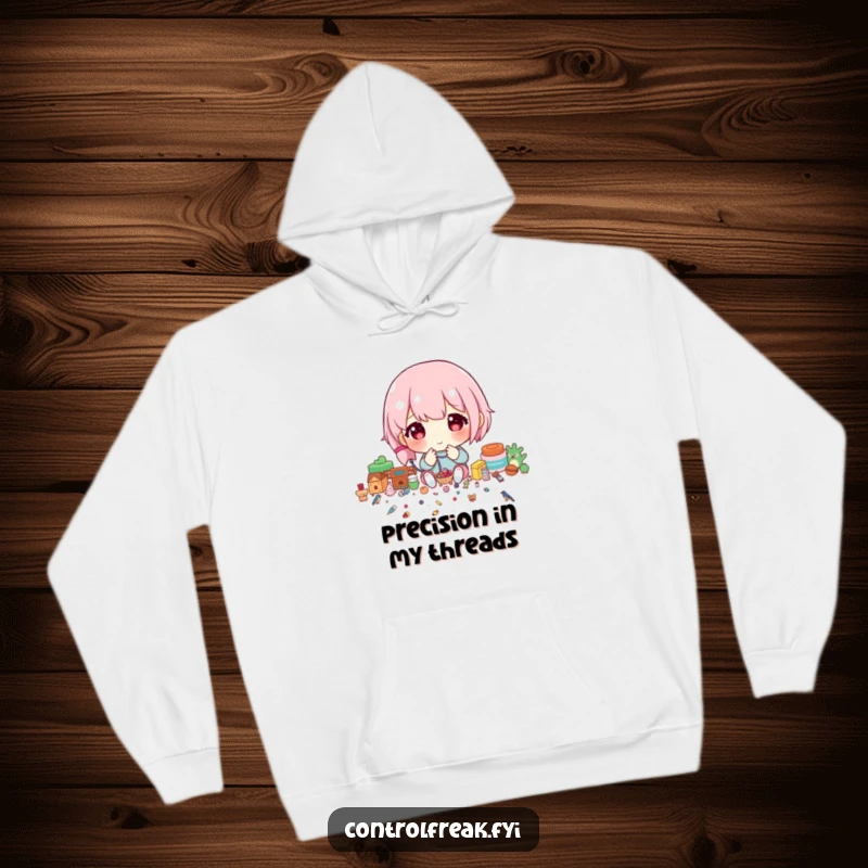 Funny Hoodie depicting a character meticulously sorting tiny items by precise size, symbolizing dedication to accuracy.