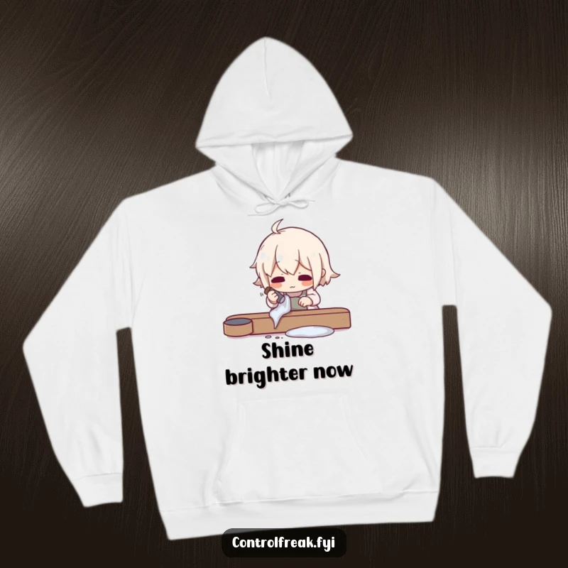 Funny hoodie featuring a character meticulously polishing an object to an impossible shine, offering warm humor and a focus on brilliance, a great gift.