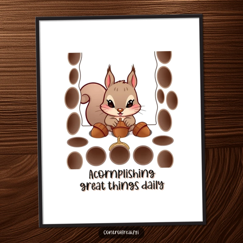 Funny Free Printable Wall Art: Determined squirrel focusing intensely on fitting acorns into precise, uniform holes, quirky art
