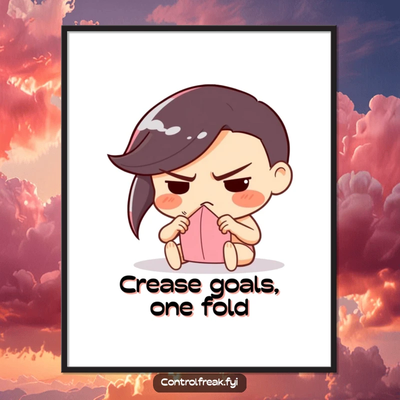 Funny Free Printable Wall Art: A character with a serious frown, intensely and meticulously folding a single piece of paper.