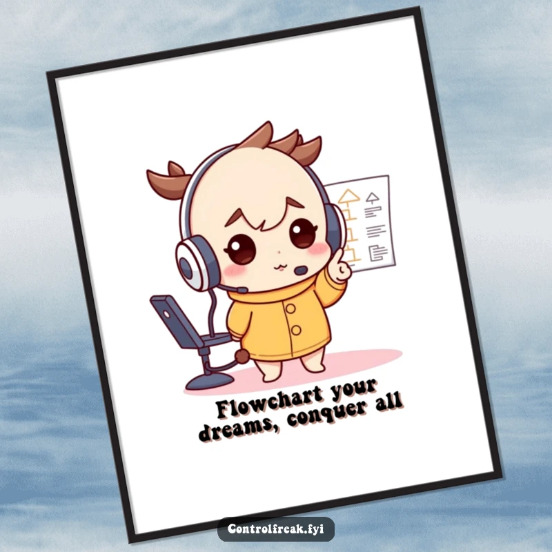 Funny Free Printable Wall Art: A serious character wearing an oversized headset, pointing with determination at a complex flowchart.