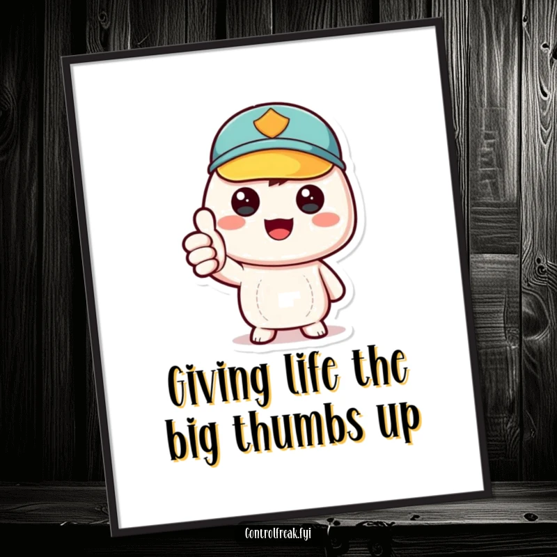 Funny Free Printable Wall Art: Kawaii character giving an enthusiastic thumbs up, celebrating a space that is perfectly tidy and well-organized.