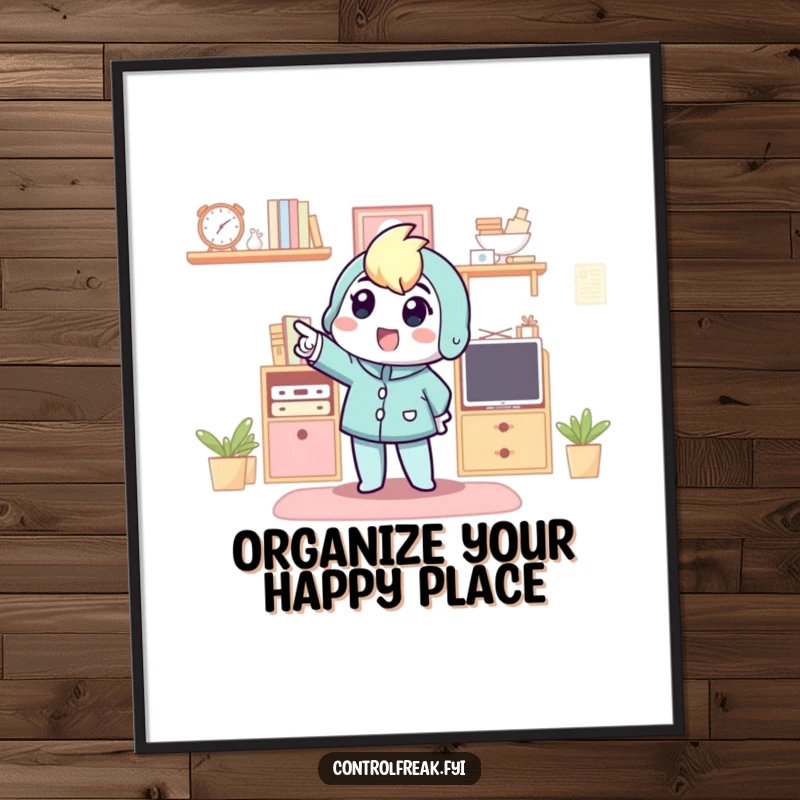 Funny Free Printable Wall Art: Character excitedly points at a perfectly organized area, radiating joy and the thrill of tidiness.