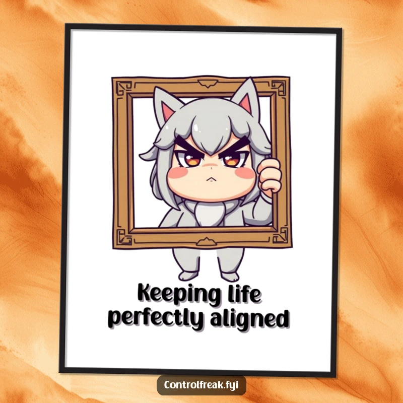 Funny Free Printable Wall Art of a character with a stern yet playful expression adjusting a slightly tilted picture frame, perfect for framing.