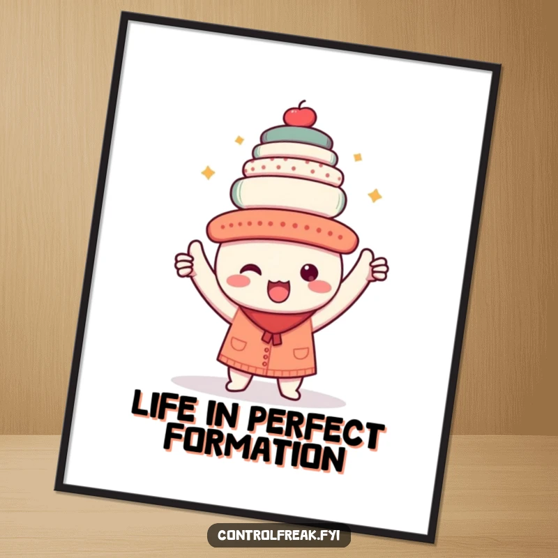 Funny Free Printable Wall Art: Triumphant kawaii character holding a perfectly aligned stack of objects, downloadable art for organization lovers.