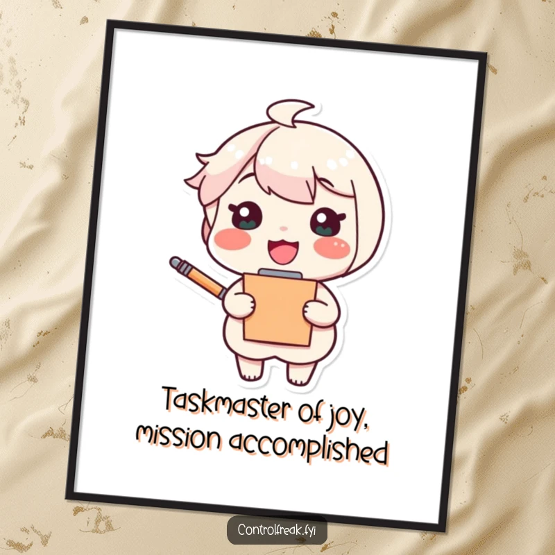 Funny Free Printable Wall Art: Cheerful character with clipboard and pen looks pleased. Joyful downloadable art poster.