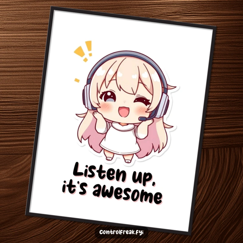 Funny Free Printable wall art of a character in a headset giving enthusiastic, precise instructions, adding a touch of humor to decor.