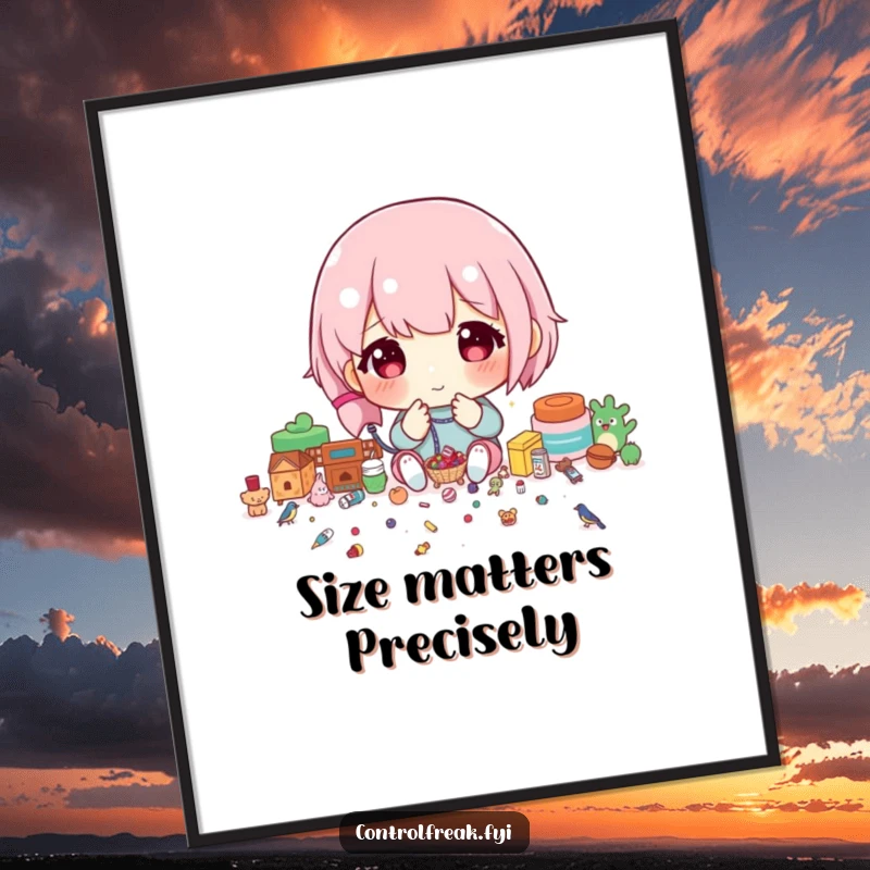 Funny Free Printable Wall Art: Character meticulously sorting tiny items by precise size, humorous downloadable decor.