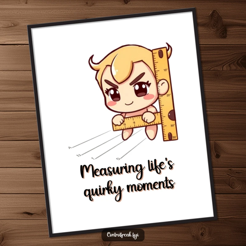 Funny Free Printable Wall Art: Character with a ruler obsessively measuring imaginary lines, sporting an intense, quirky grin.
