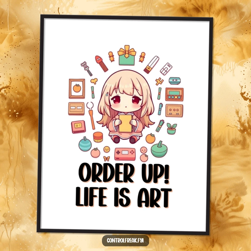 Funny Free Printable Wall Art depicting a character joyfully creating a perfectly symmetrical arrangement of random objects.