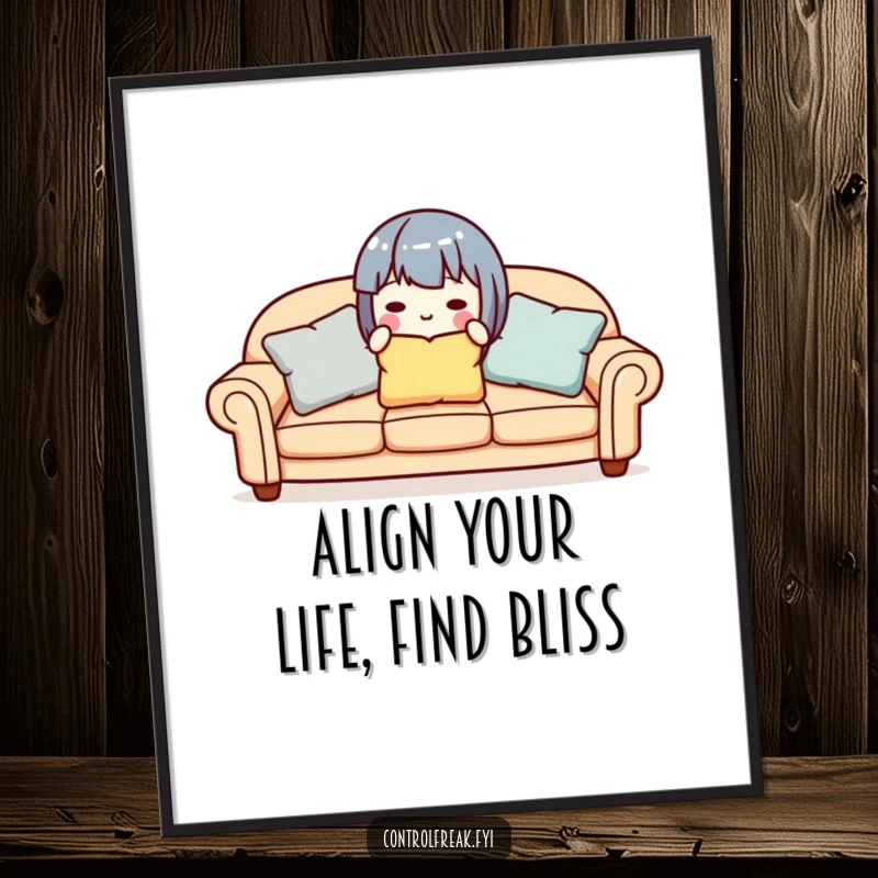 Funny Free Printable Wall Art of a cute character meticulously aligning pillows on a sofa, bringing order and a smile.