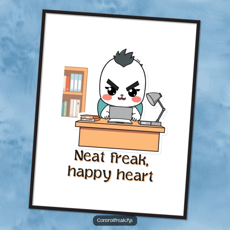 Funny Free Printable Wall Art: A character with a stern but smiling face inspects and approves of a perfectly tidy desk.